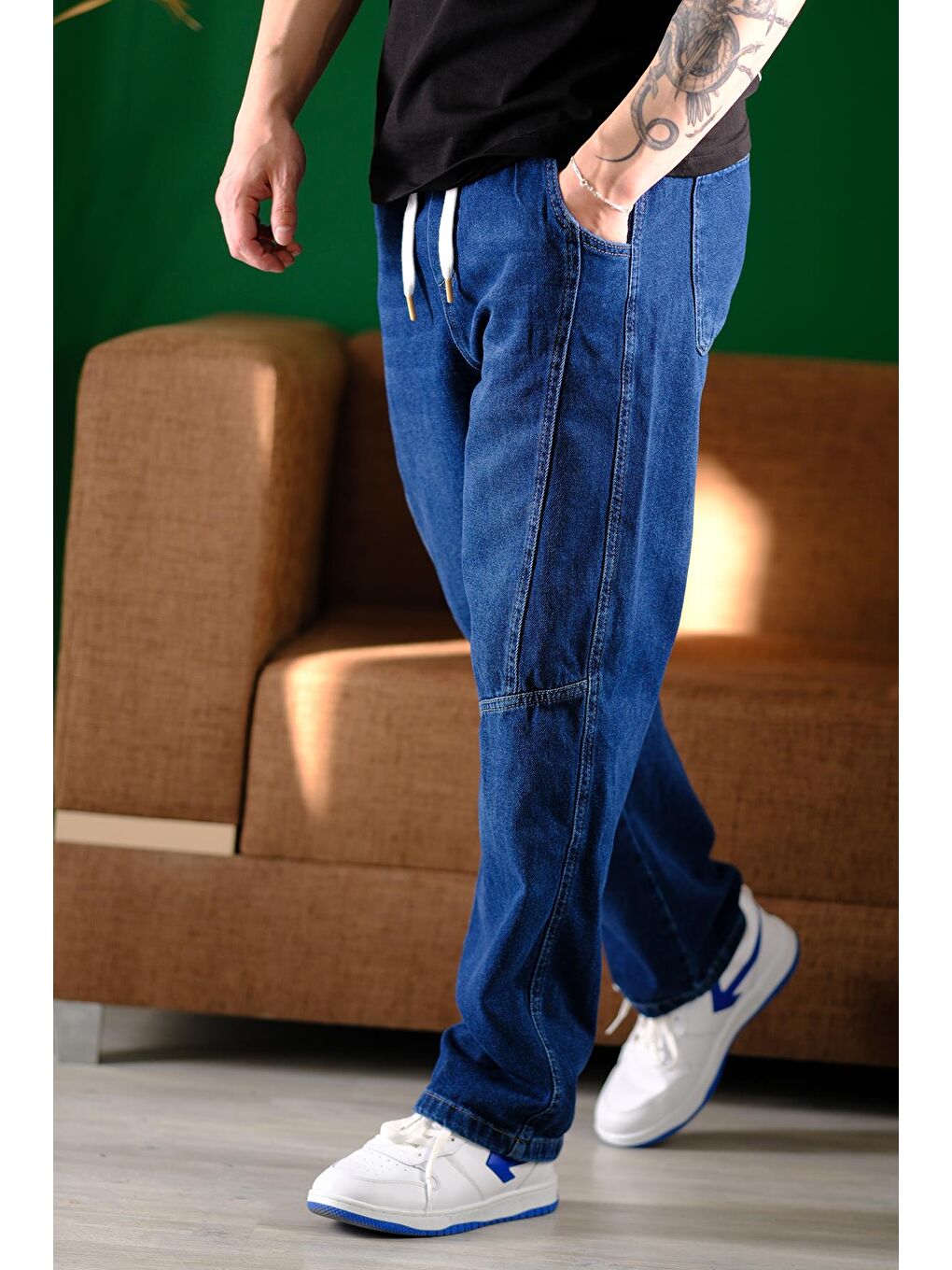 Lacivert Reax Camilla Beli Lastikli İpli Düz Paça Rahat Kesim Erkek Jean Pantolon-2