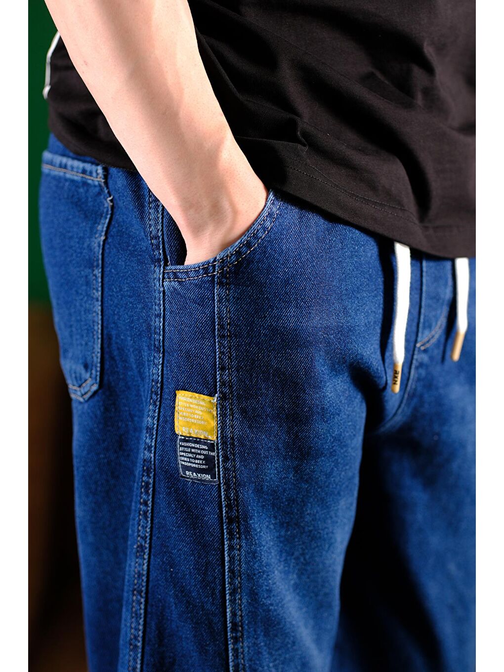 Lacivert Reax Camilla Beli Lastikli İpli Düz Paça Rahat Kesim Erkek Jean Pantolon-3