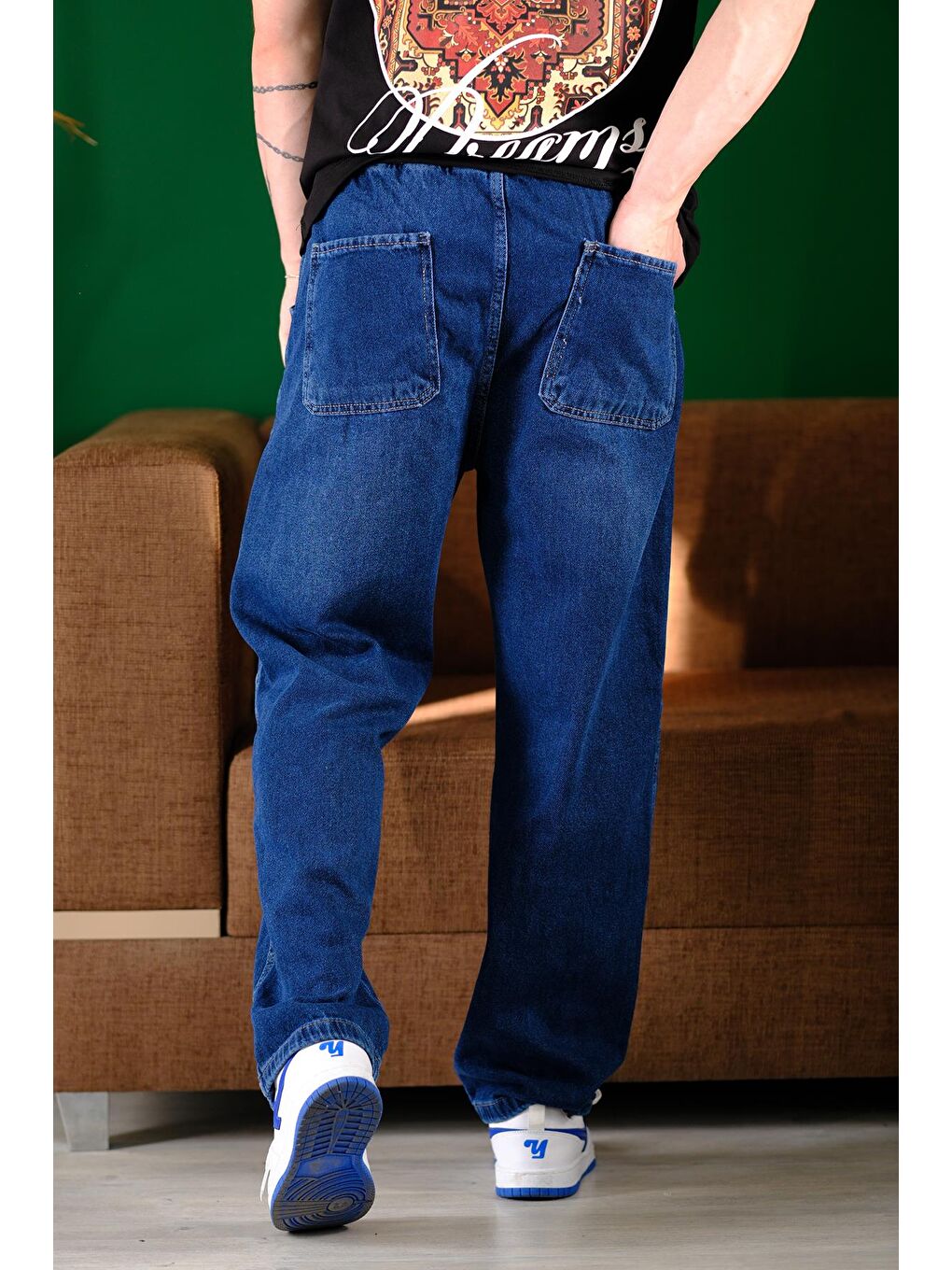 Lacivert Reax Camilla Beli Lastikli İpli Düz Paça Rahat Kesim Erkek Jean Pantolon-4