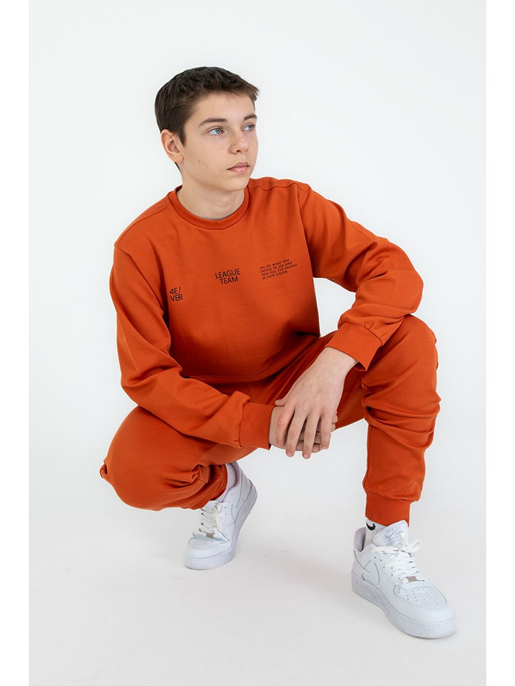 Kahverengi Bisiklet Yaka Basic Alt Üst Eşofman Takım-3