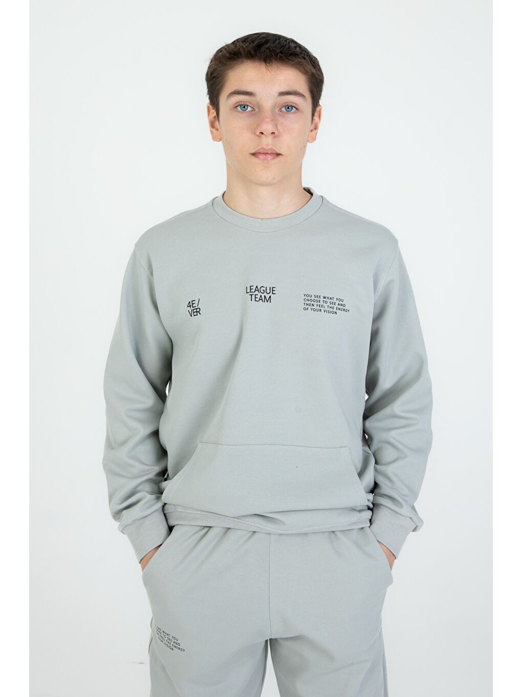 Gri Bisiklet Yaka Basic Alt Üst Eşofman Takım-1