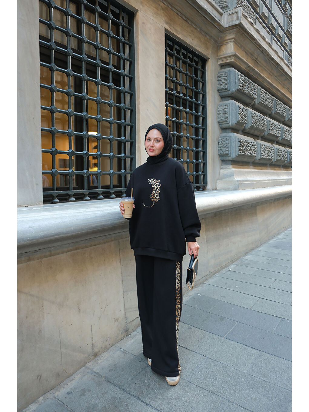 Kadın Leopar Desenli İkili Takım Siyah-4