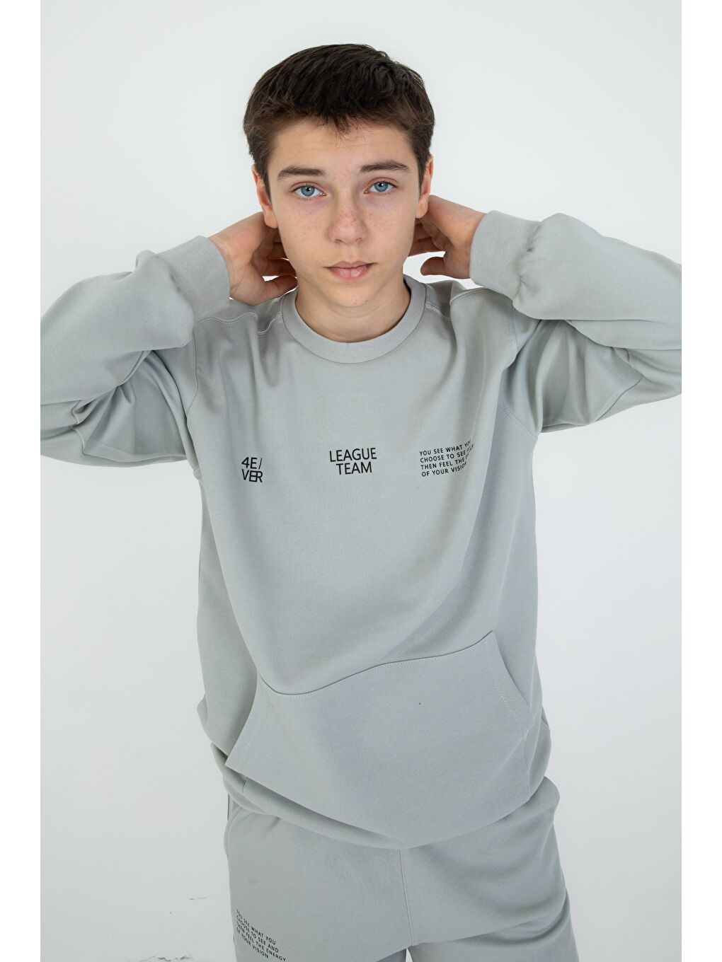 Gri Bisiklet Yaka Basic Alt Üst Eşofman Takım-3