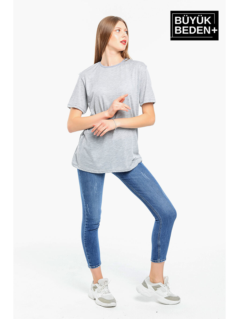 Gri Kadın Büyük Beden Bisiklet Yaka Tshırt SPR25BTSK10-1