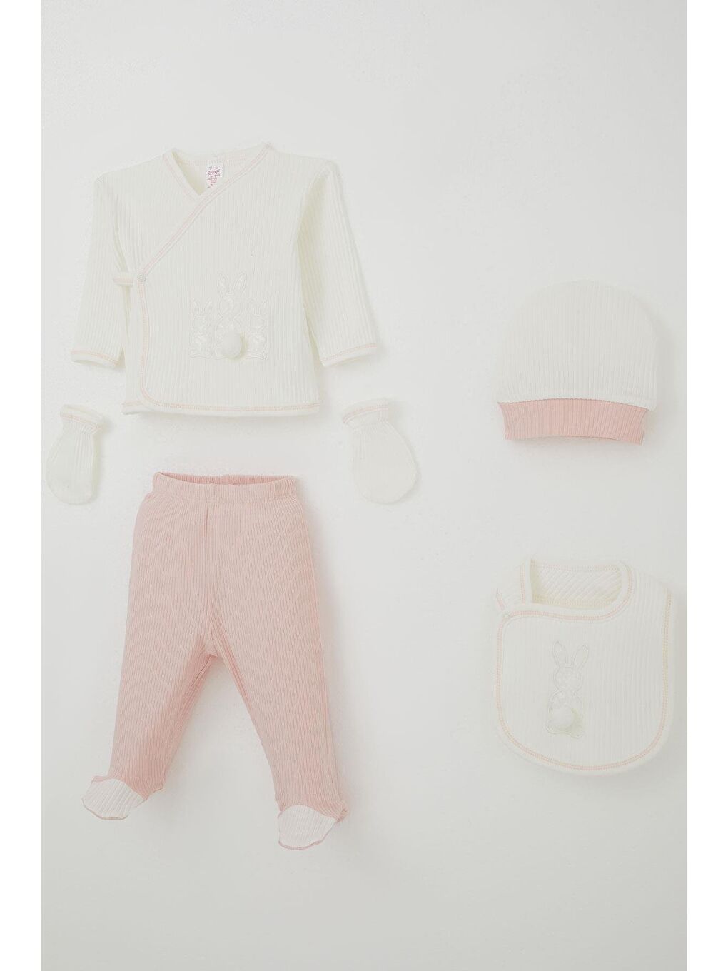 Kız Bebek Hastane Çıkışı 5 Li Ponponlu Tavşancık Nakışlı Ekru (0-3 Ay)-1