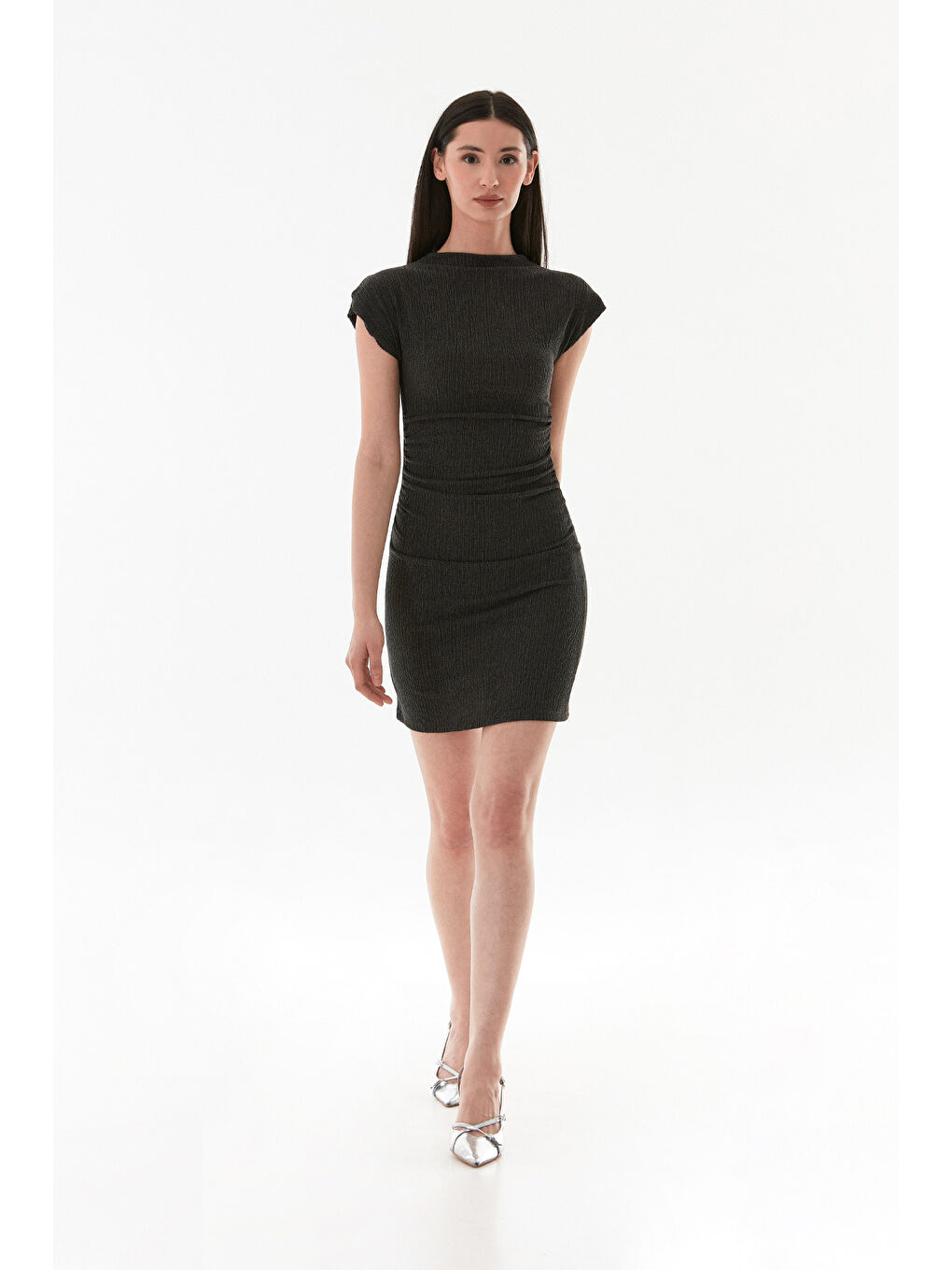 Antrasit Bürümcük Kumaş Drapeli Dik Yaka Elbise