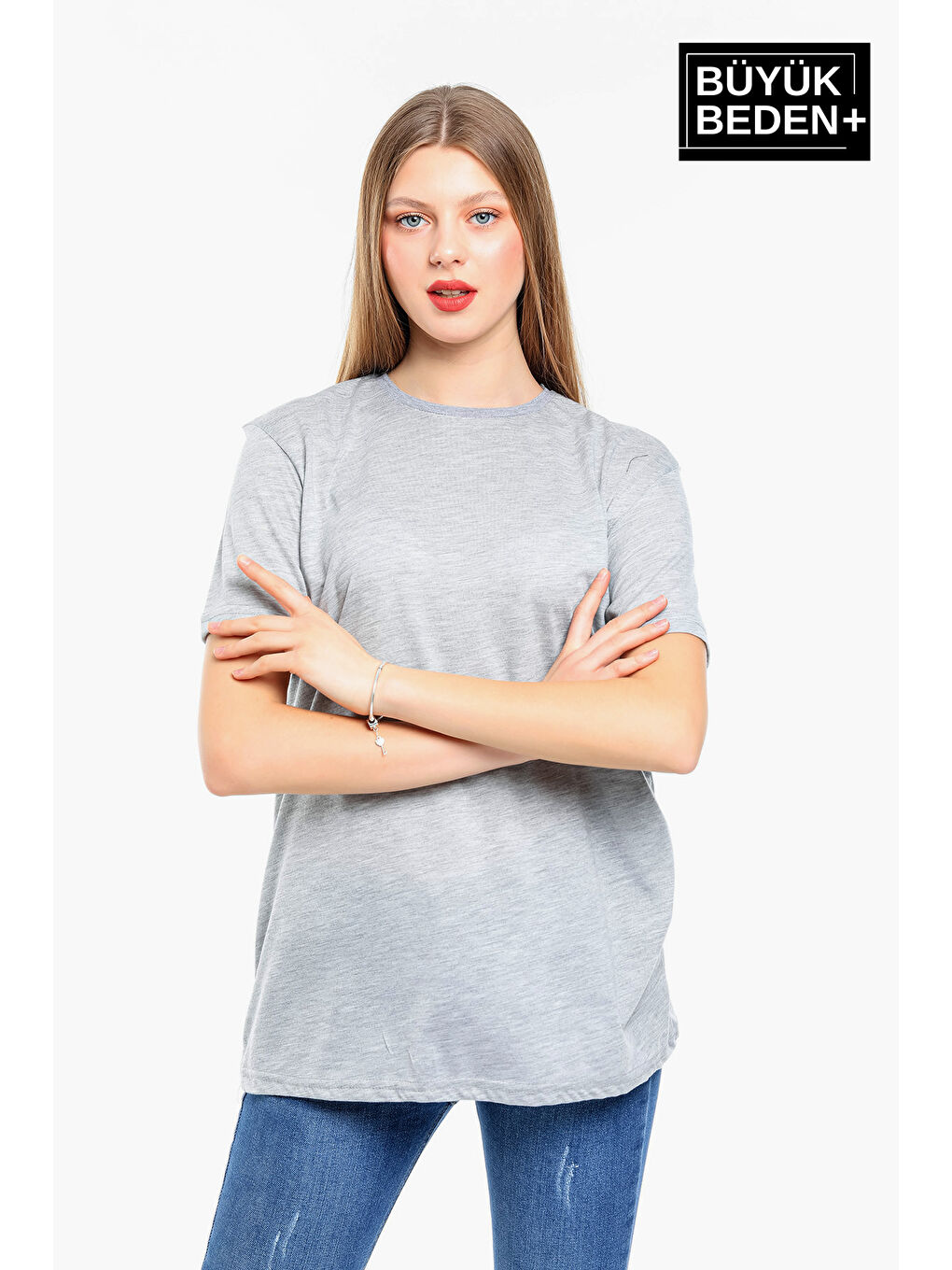 Gri Kadın Büyük Beden Bisiklet Yaka Tshırt SPR25BTSK10-2