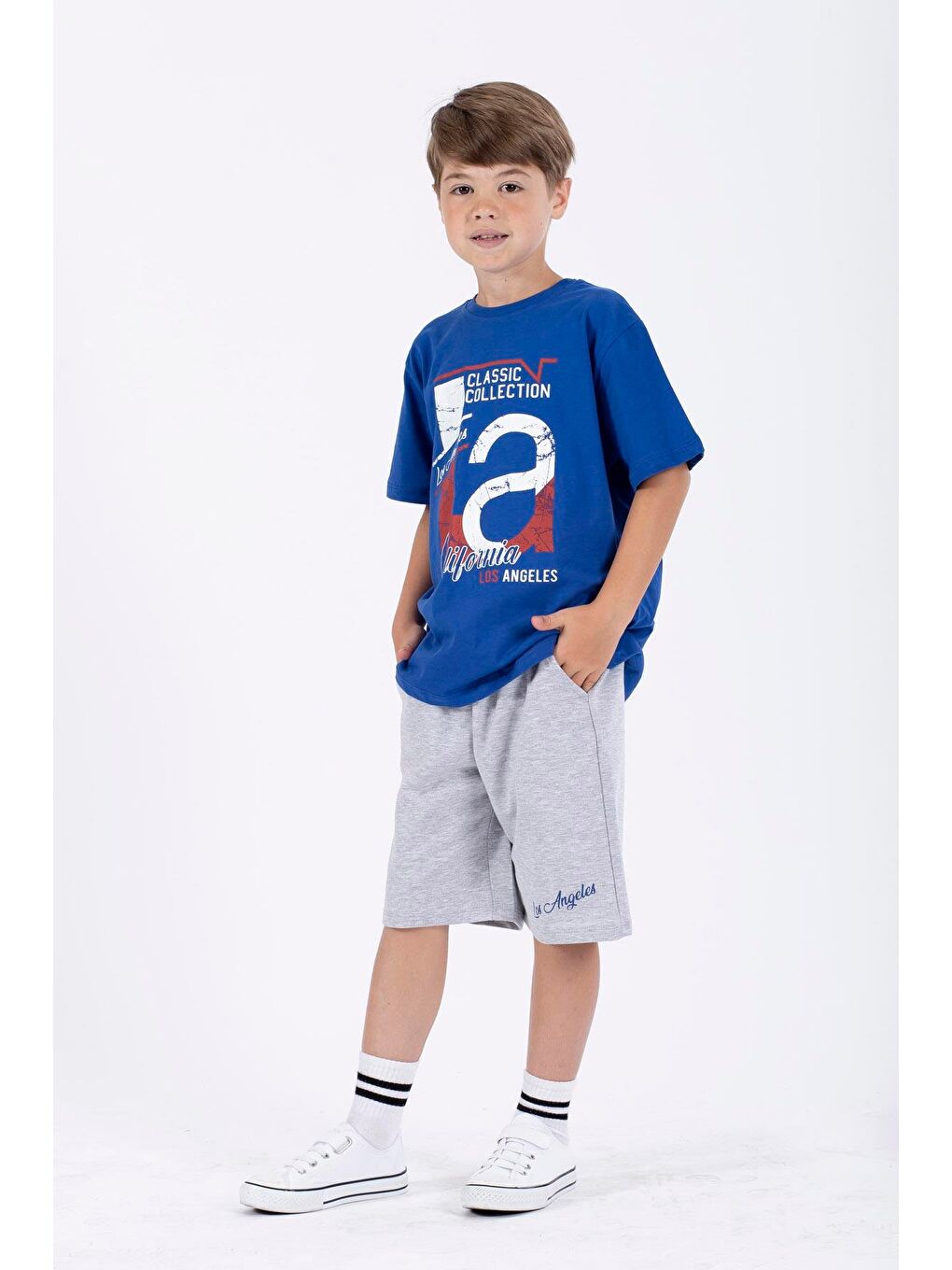 Mavi Bisiklet Yaka Kısa Kol Classıc Collectıon Baskılı Saks Renk Erkek Çocuk Kaprili Takım