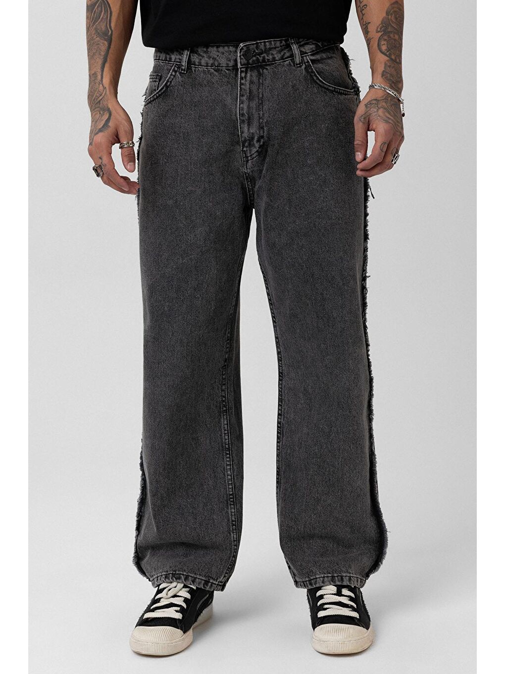 Yan Dikiş Detaylı Baggy Jean Gri-1