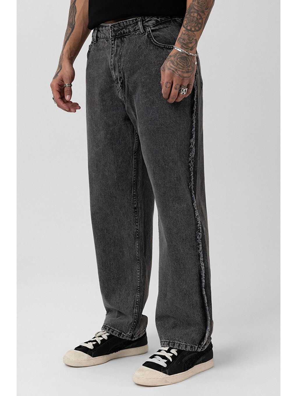 Yan Dikiş Detaylı Baggy Jean Gri-2