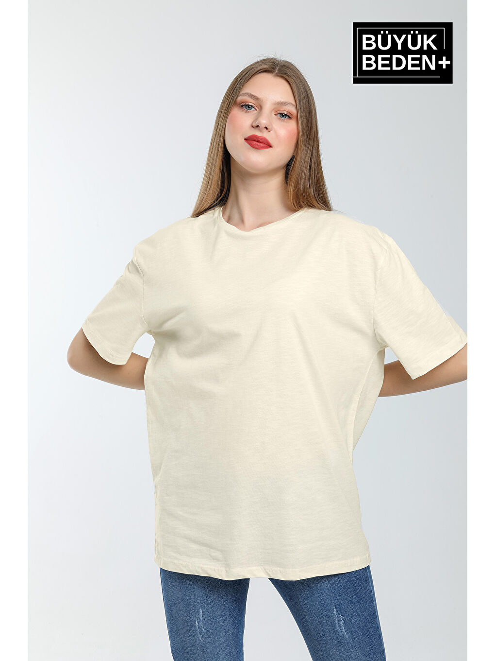 Bej Kadın Büyük Beden Bisiklet Yaka Tshırt SPR25BTSK10-1