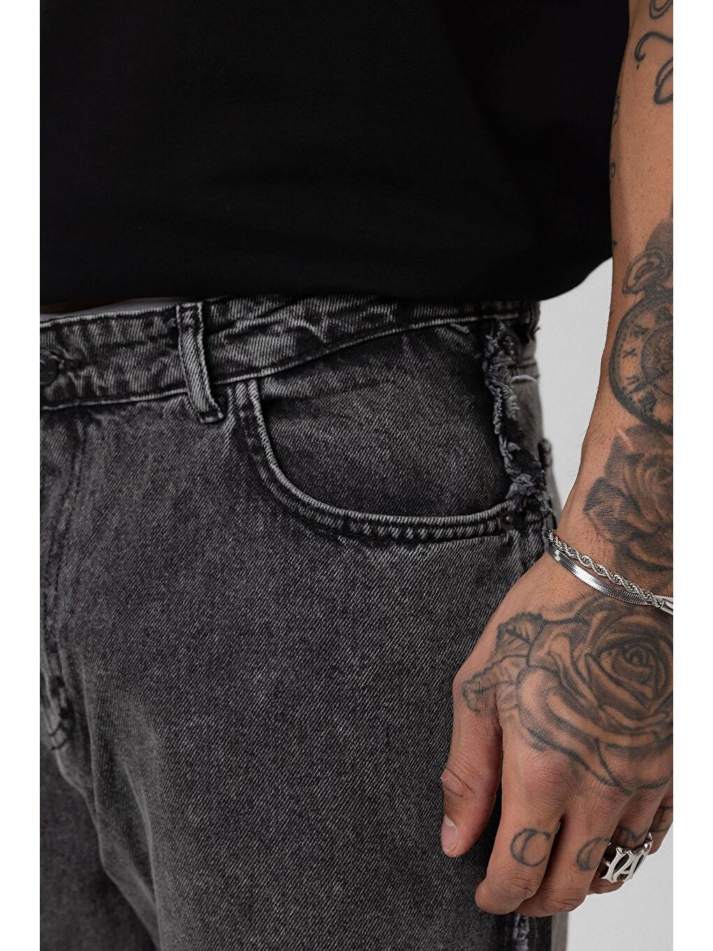 Yan Dikiş Detaylı Baggy Jean Gri-5