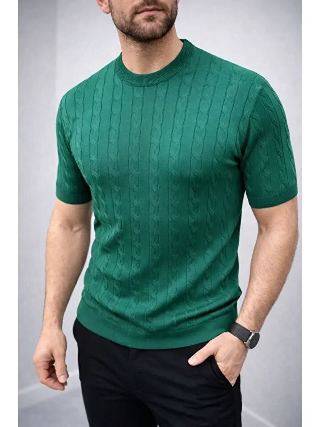 Haki Erkek Yazlık Triko Dokuma Tişört-1