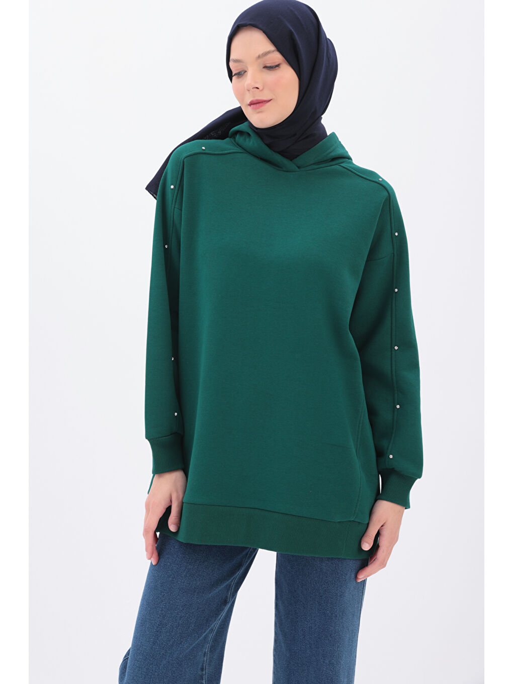 ALLDAY Zümrüt Yeşili Kolları Taşlı Kapüşonlu Sweat Tunik