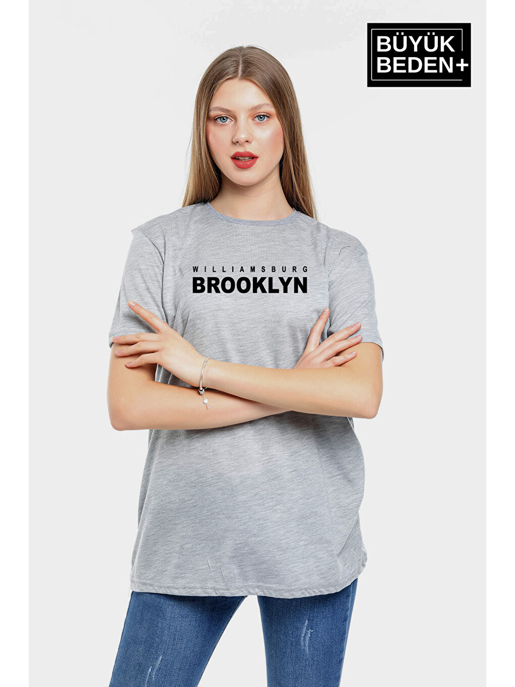 Gri Kadın Büyük Beden Willams.Brooklyn Baskılı Bisiklet Yaka Tshırt SPR25BTSK15