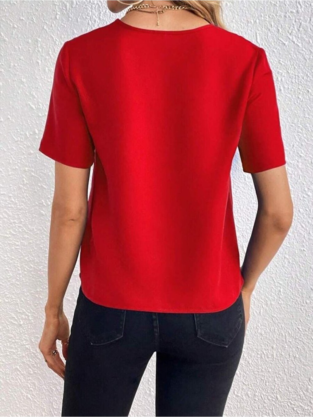Kırmızı Kadın Kısa Kollu V Yakalı Ithal Krep Bluz-1