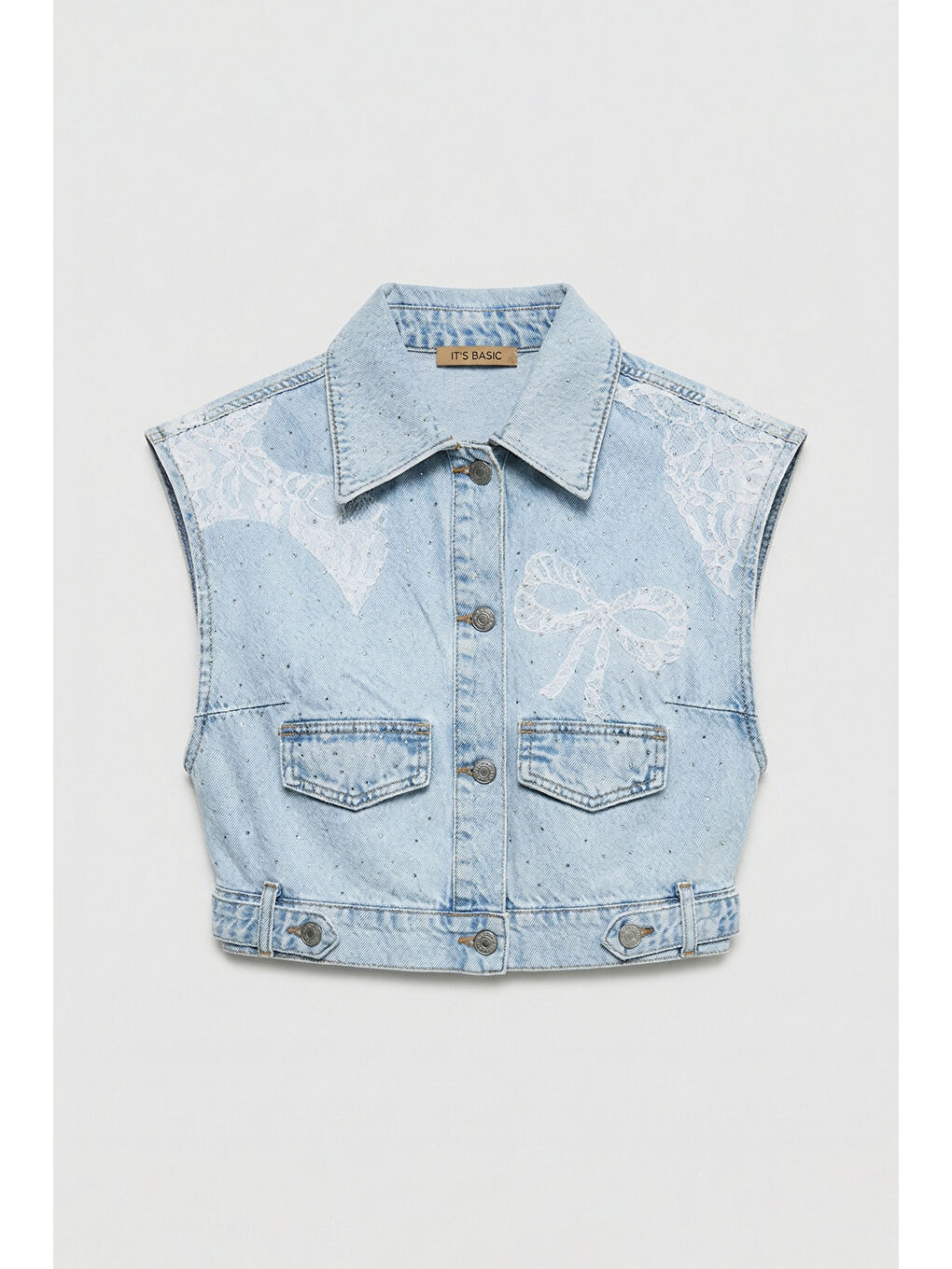 Mavi Kadın Ice T-3s6-3 Crop Fit Dantel ve Taş Detaylı Tasarım Denim Yelek-1