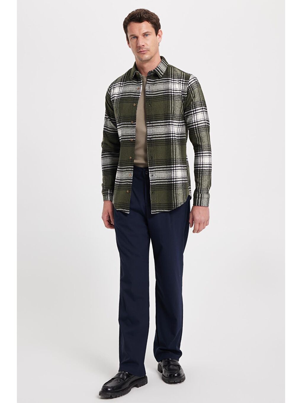 Haki Erkek Slim Fit Dar Kesim Kareli Kışlık Oduncu Gömlek-1