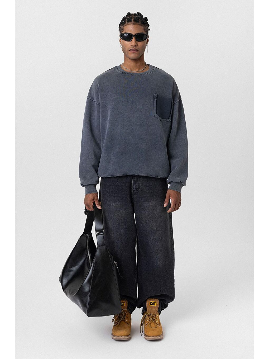 Yıkamalı Cep Detaylı Oversize Sweatshirt Siyah