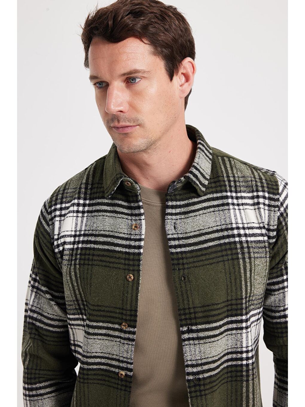 Haki Erkek Slim Fit Dar Kesim Kareli Kışlık Oduncu Gömlek-2