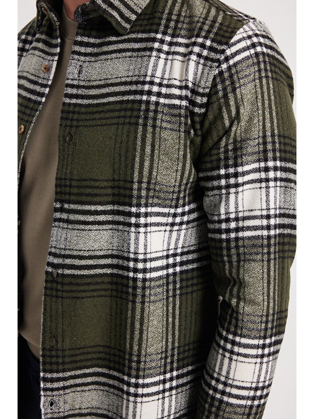 Haki Erkek Slim Fit Dar Kesim Kareli Kışlık Oduncu Gömlek-3