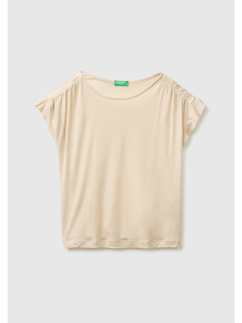 Bej Kadın Taş Keten Liyosel Karışımlı Omuzları Büzgü Detaylı T-Shirt