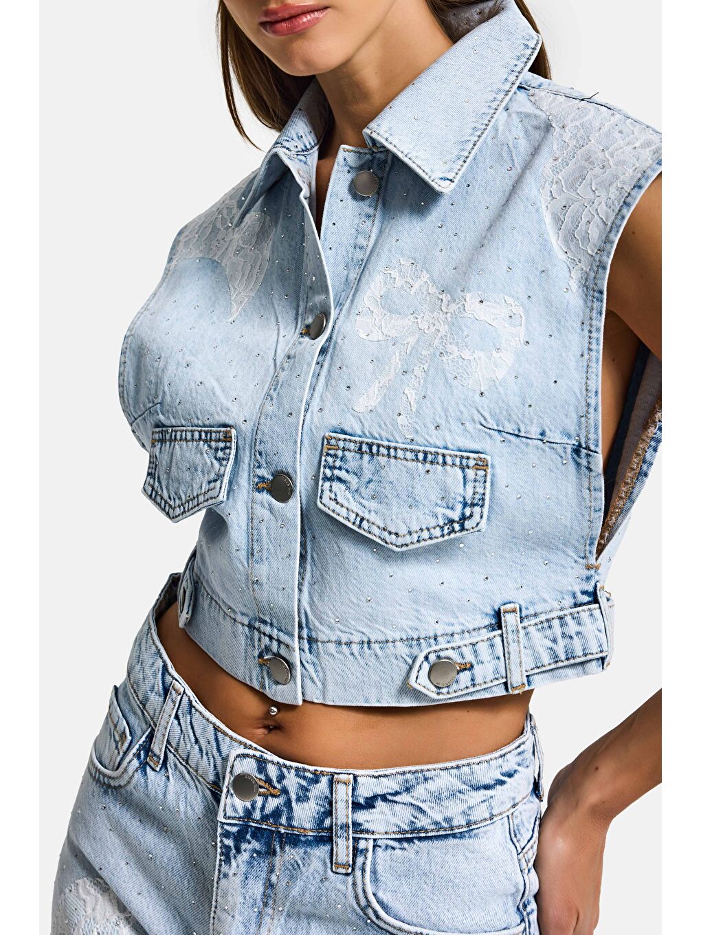 Mavi Kadın Ice T-3s6-3 Crop Fit Dantel ve Taş Detaylı Tasarım Denim Yelek-2