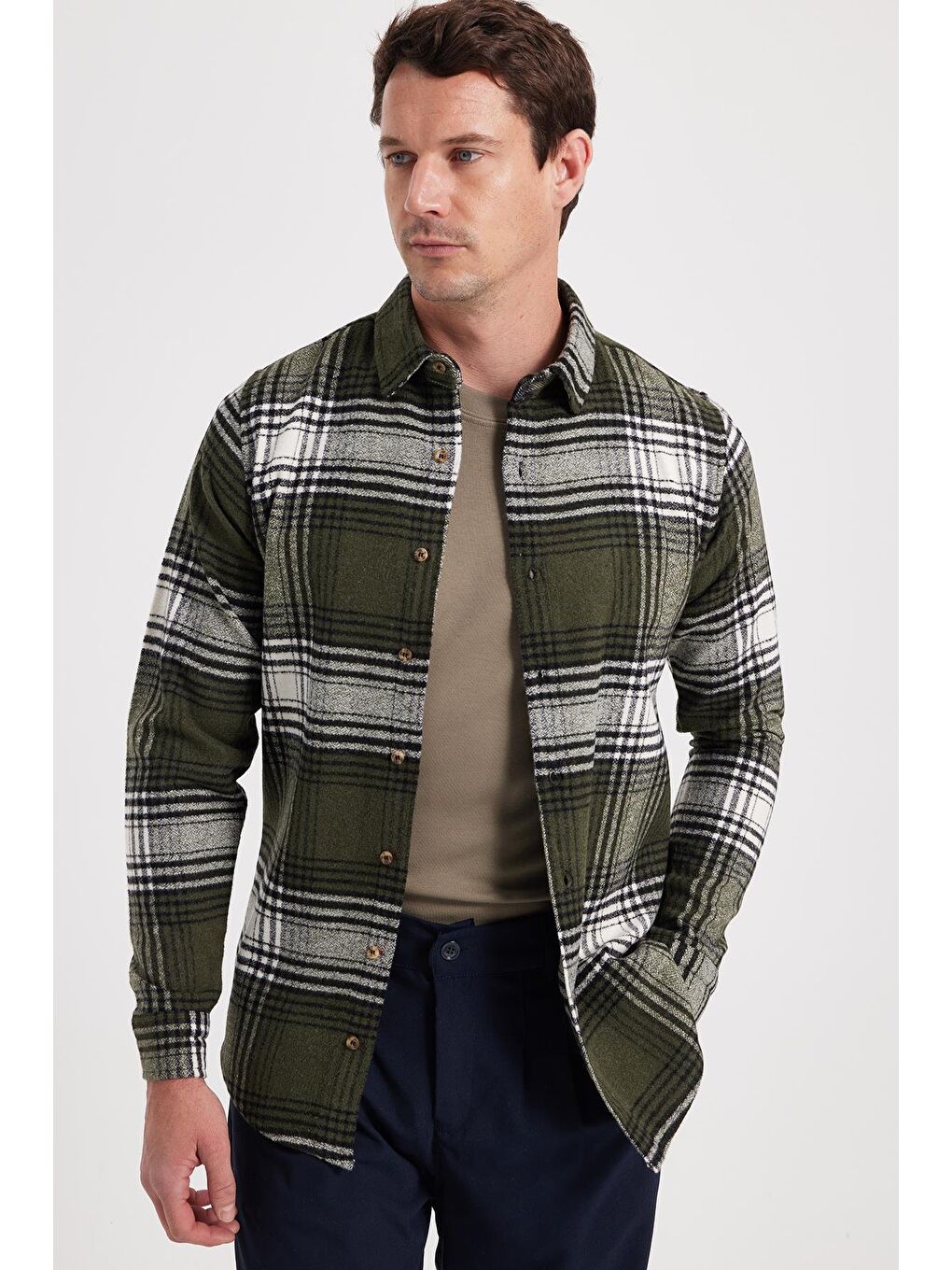 Haki Erkek Slim Fit Dar Kesim Kareli Kışlık Oduncu Gömlek-6