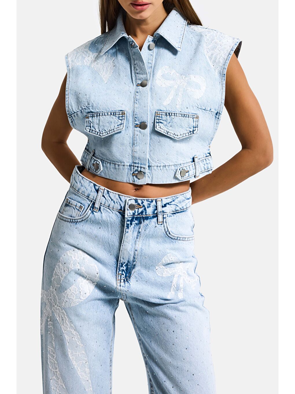 Mavi Kadın Ice T-3s6-3 Crop Fit Dantel ve Taş Detaylı Tasarım Denim Yelek-4