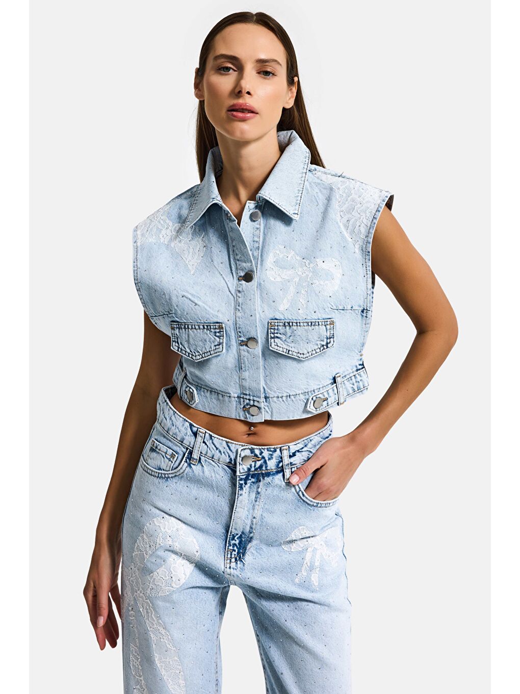 Mavi Kadın Ice T-3s6-3 Crop Fit Dantel ve Taş Detaylı Tasarım Denim Yelek-5