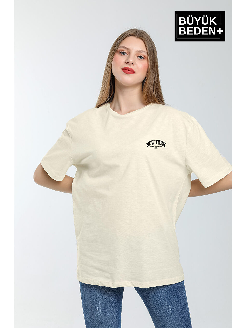 Bej Kadın Büyük Beden New York Baskılı Bisiklet Yaka Tshırt SPR25BTSK14