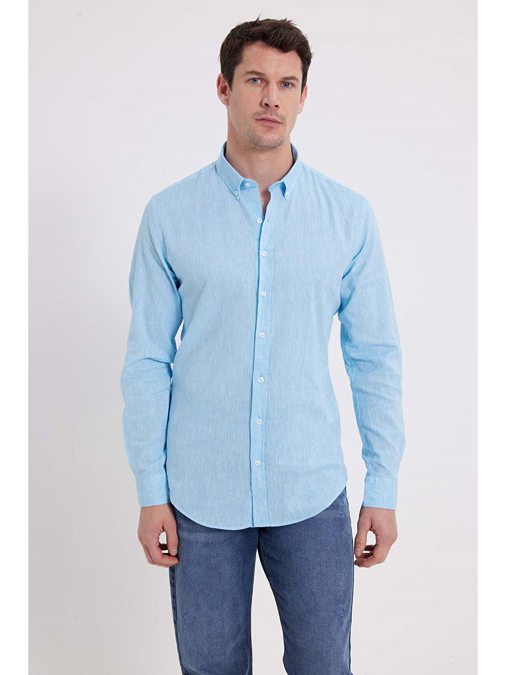 Erkek Slim Fit Dar Kesim Uzun Kollu Keten Premium Seri Düğmeli Yaka Spor Açık Mavi Gömlek