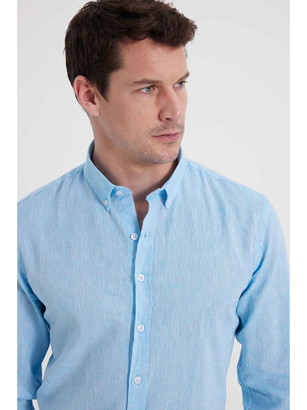 Erkek Slim Fit Dar Kesim Uzun Kollu Keten Premium Seri Düğmeli Yaka Spor Açık Mavi Gömlek-2