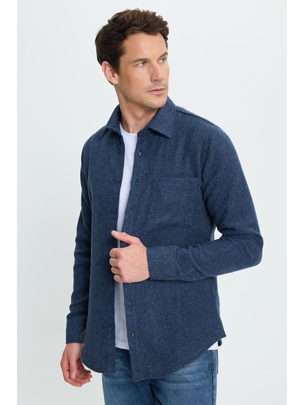 Erkek Slim Fit Dar Kesim  Armürlü Oduncu Cepli Spor Yaka İndigo Gömlek-1