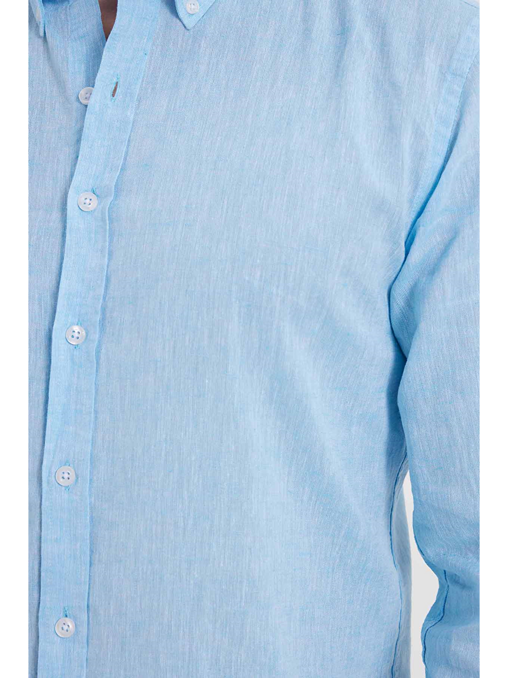 Erkek Slim Fit Dar Kesim Uzun Kollu Keten Premium Seri Düğmeli Yaka Spor Açık Mavi Gömlek-3