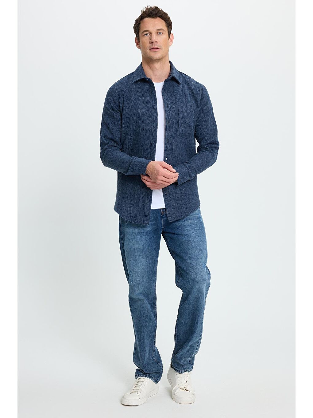 Erkek Slim Fit Dar Kesim  Armürlü Oduncu Cepli Spor Yaka İndigo Gömlek-3