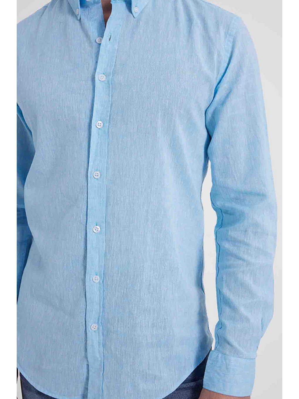 Erkek Slim Fit Dar Kesim Uzun Kollu Keten Premium Seri Düğmeli Yaka Spor Açık Mavi Gömlek-4