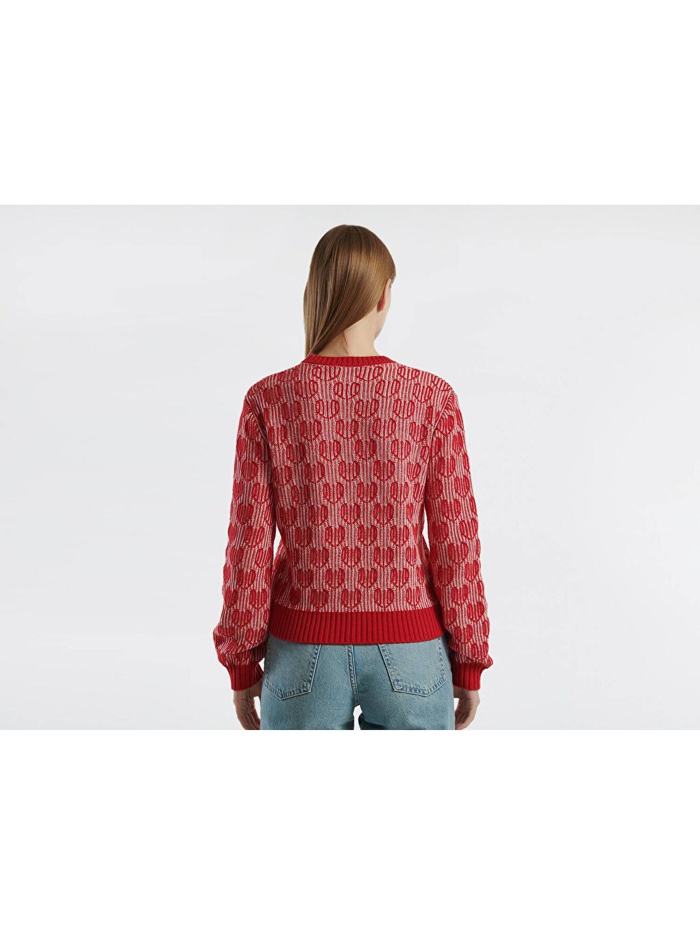 Kadın Kırmızı Yün Ve Pamuk Karışımlı Desenli Yuvarlak Yaka Kazak-2