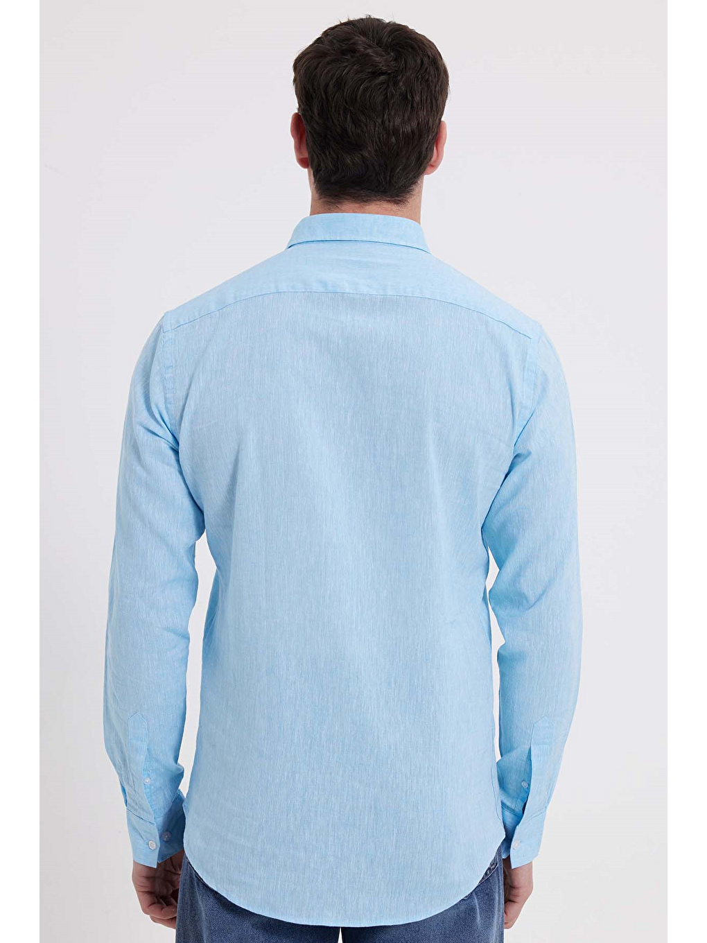 Erkek Slim Fit Dar Kesim Uzun Kollu Keten Premium Seri Düğmeli Yaka Spor Açık Mavi Gömlek-5