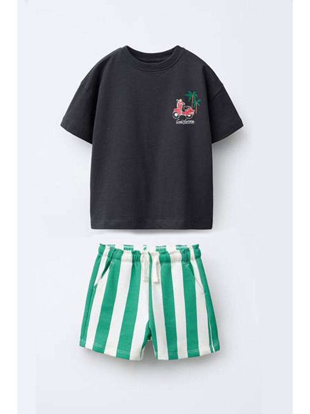 Antrasit Erkek Çocuk Pamuklu Baskılı T-Shirt Ve Çizgili Şort Alt Üst Takım-1
