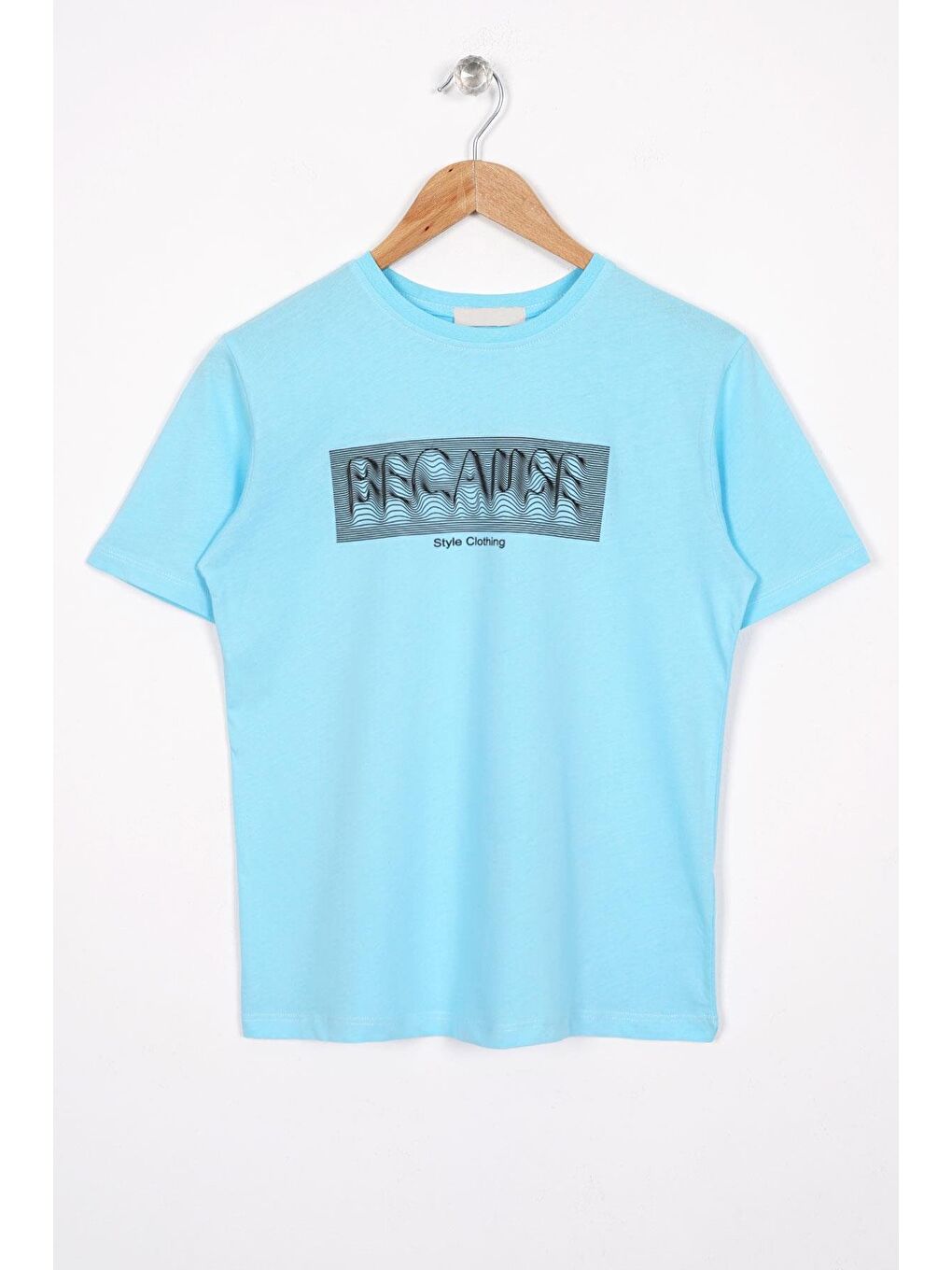 Bisiklet Yaka Kısa Kol Yazı Baskılı Açık Mavi Renk Erkek Çocuk Tshirt