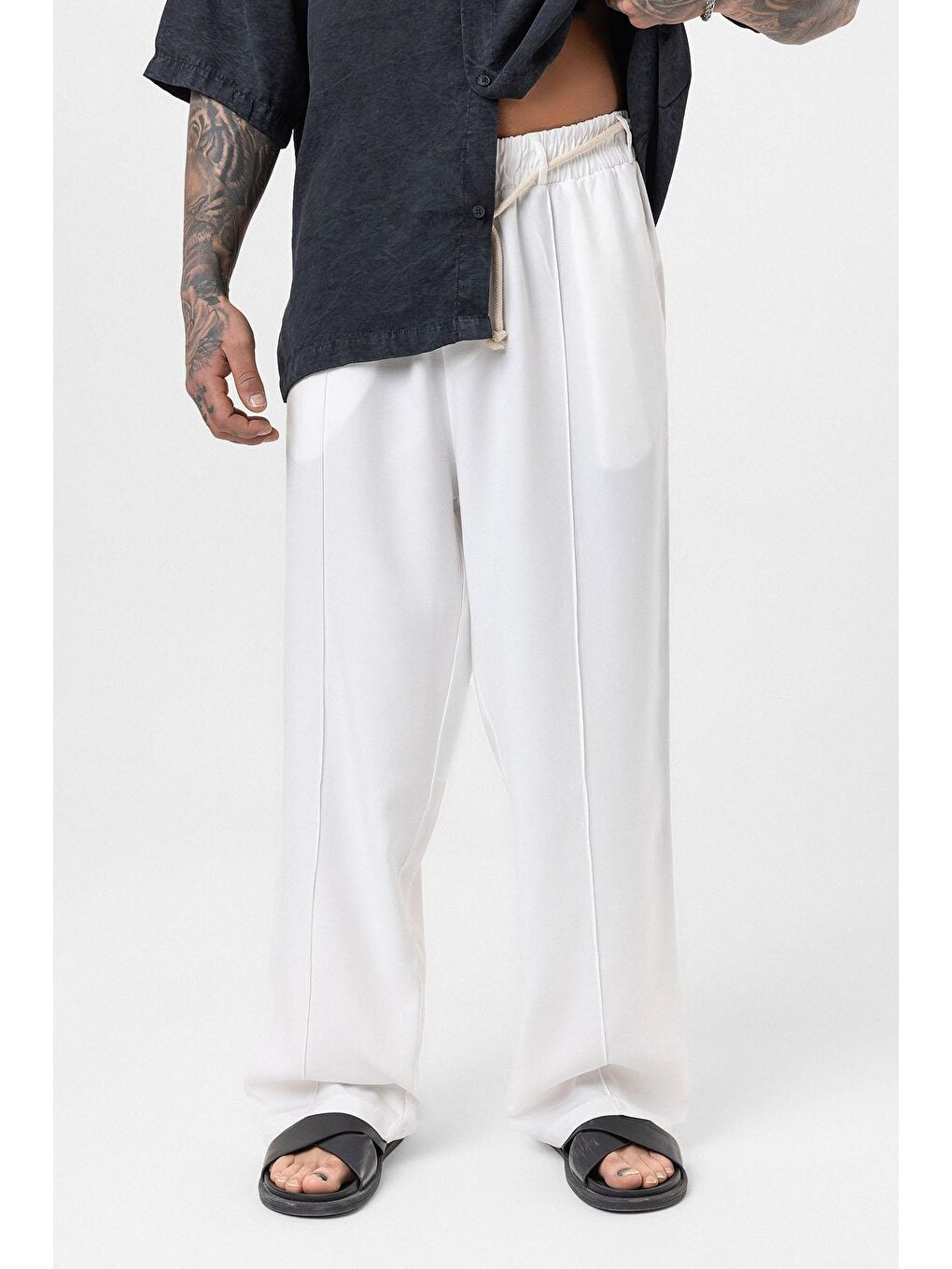 Kemer Detaylı Baggy Kumaş Erkek Pantolon Ekru-2