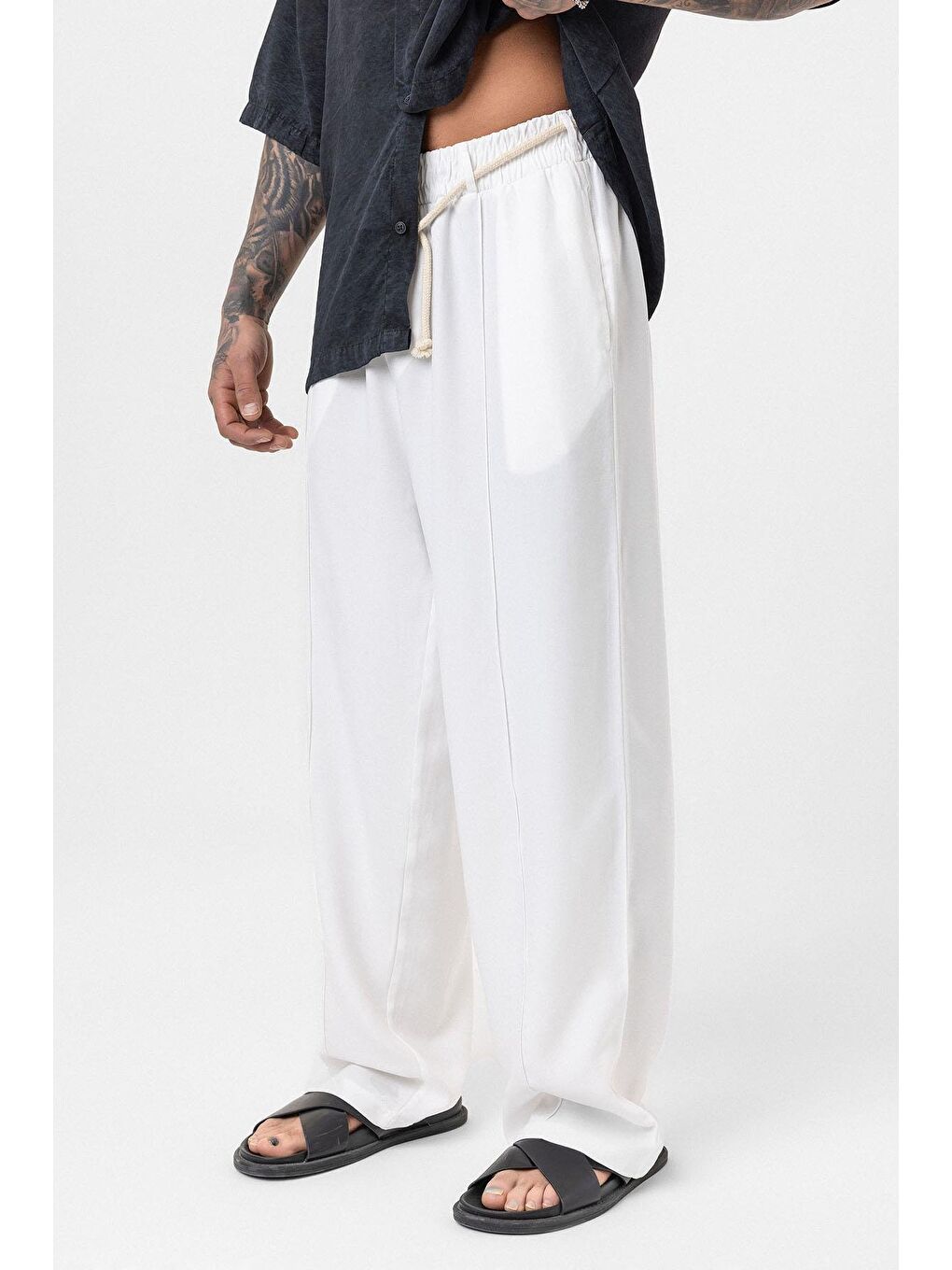 Kemer Detaylı Baggy Kumaş Erkek Pantolon Ekru-3