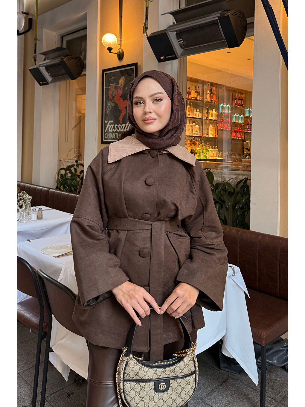 Kahverengi Kadın Kadife Kaplama Garnili Trenç Acı Kahve