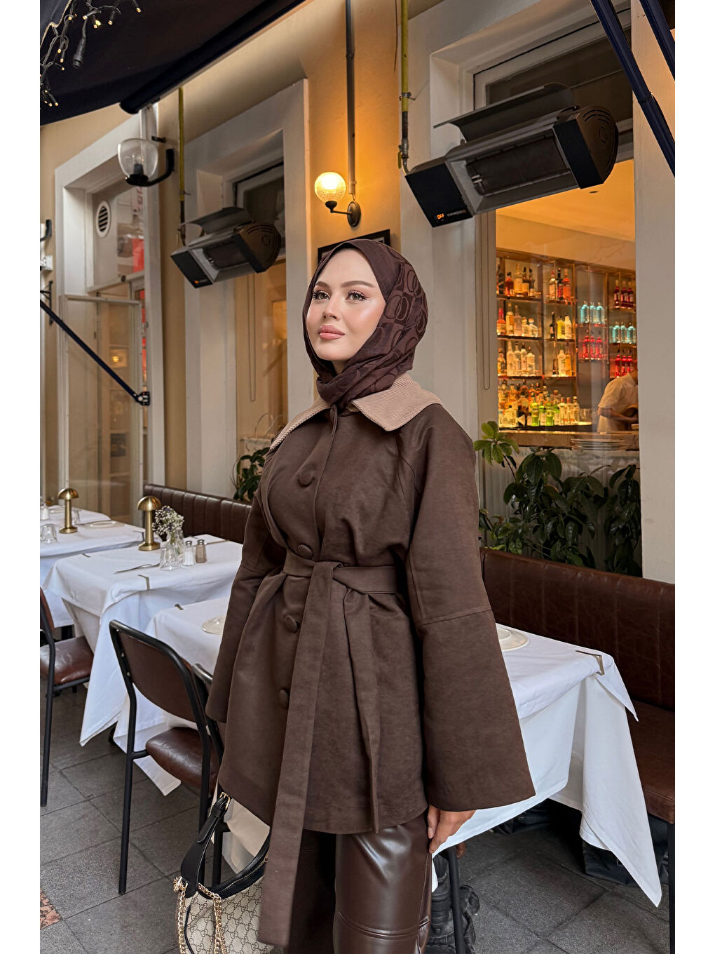 Kahverengi Kadın Kadife Kaplama Garnili Trenç Acı Kahve-3