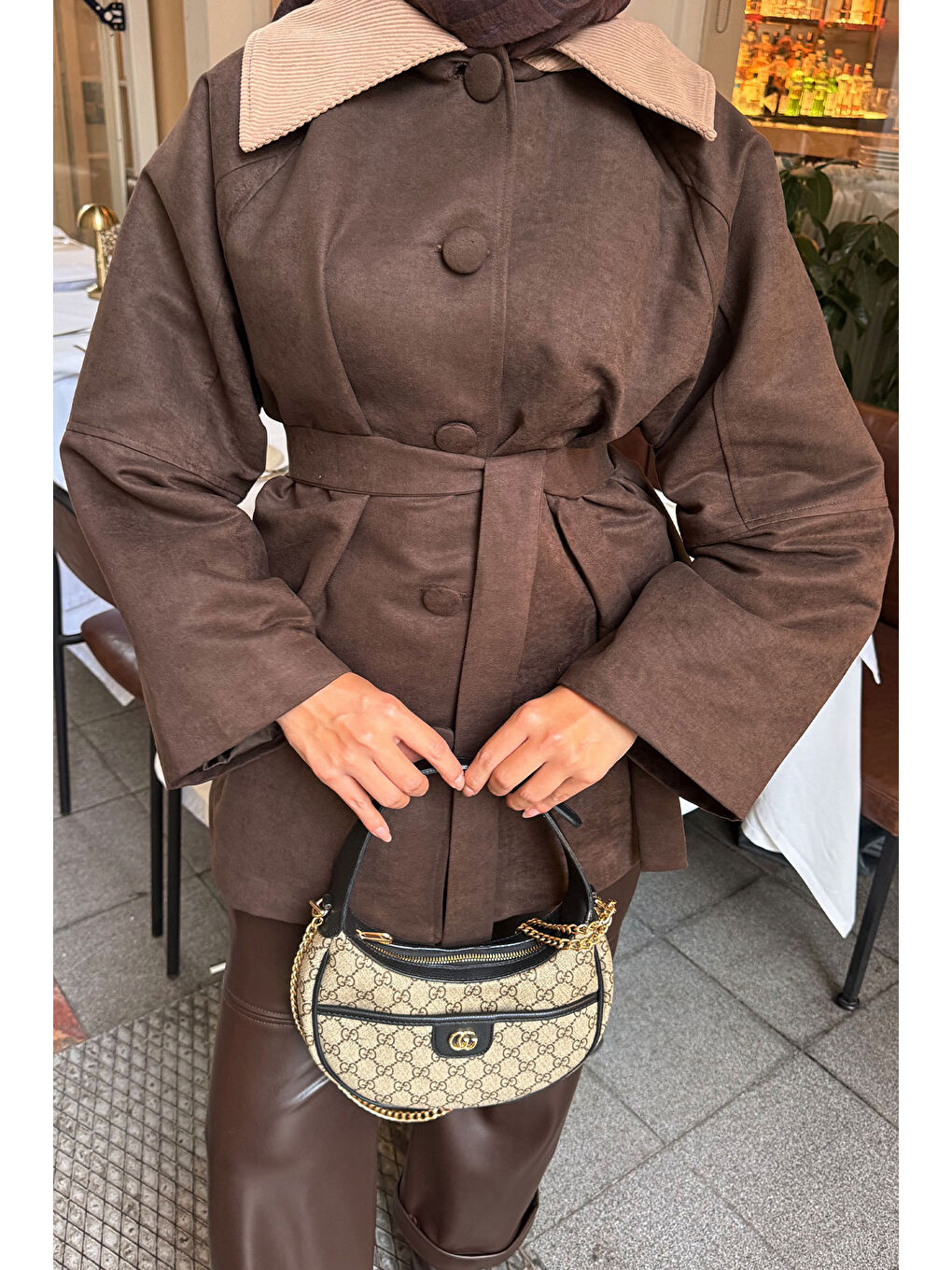 Kahverengi Kadın Kadife Kaplama Garnili Trenç Acı Kahve-4