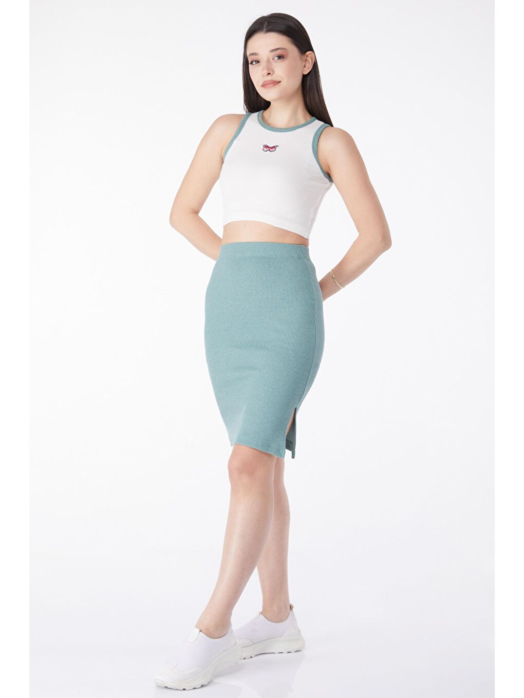 Bisiklet Yaka Kadın Yeşil Etek+Bluz İkili Takım - 25328-1