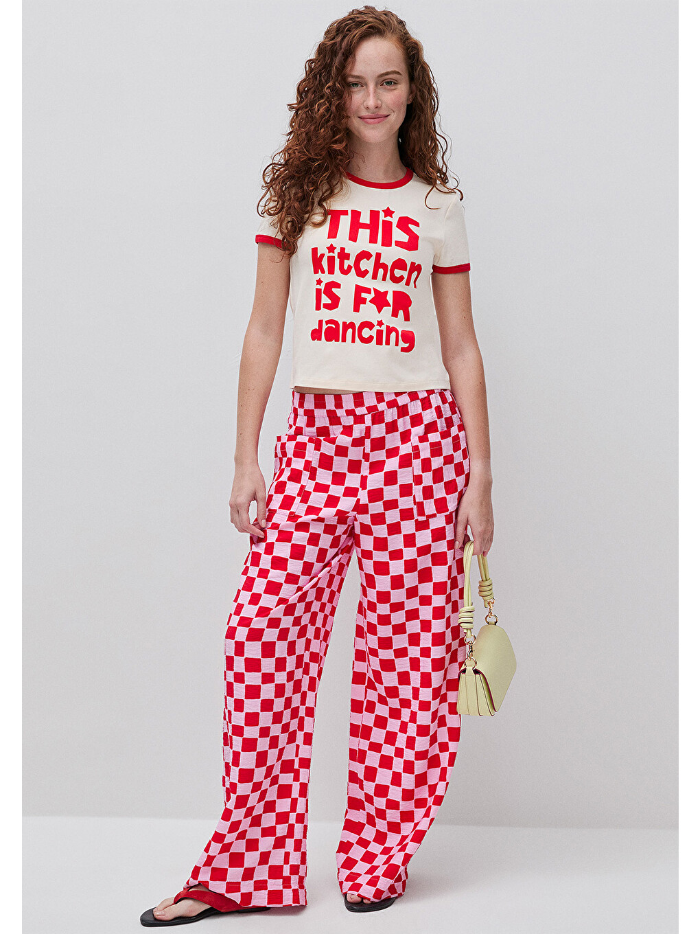 Ekru Kadın Krem Pamuk Karışımlı Önü Baskılı Bisiklet Yaka T-Shirt-2