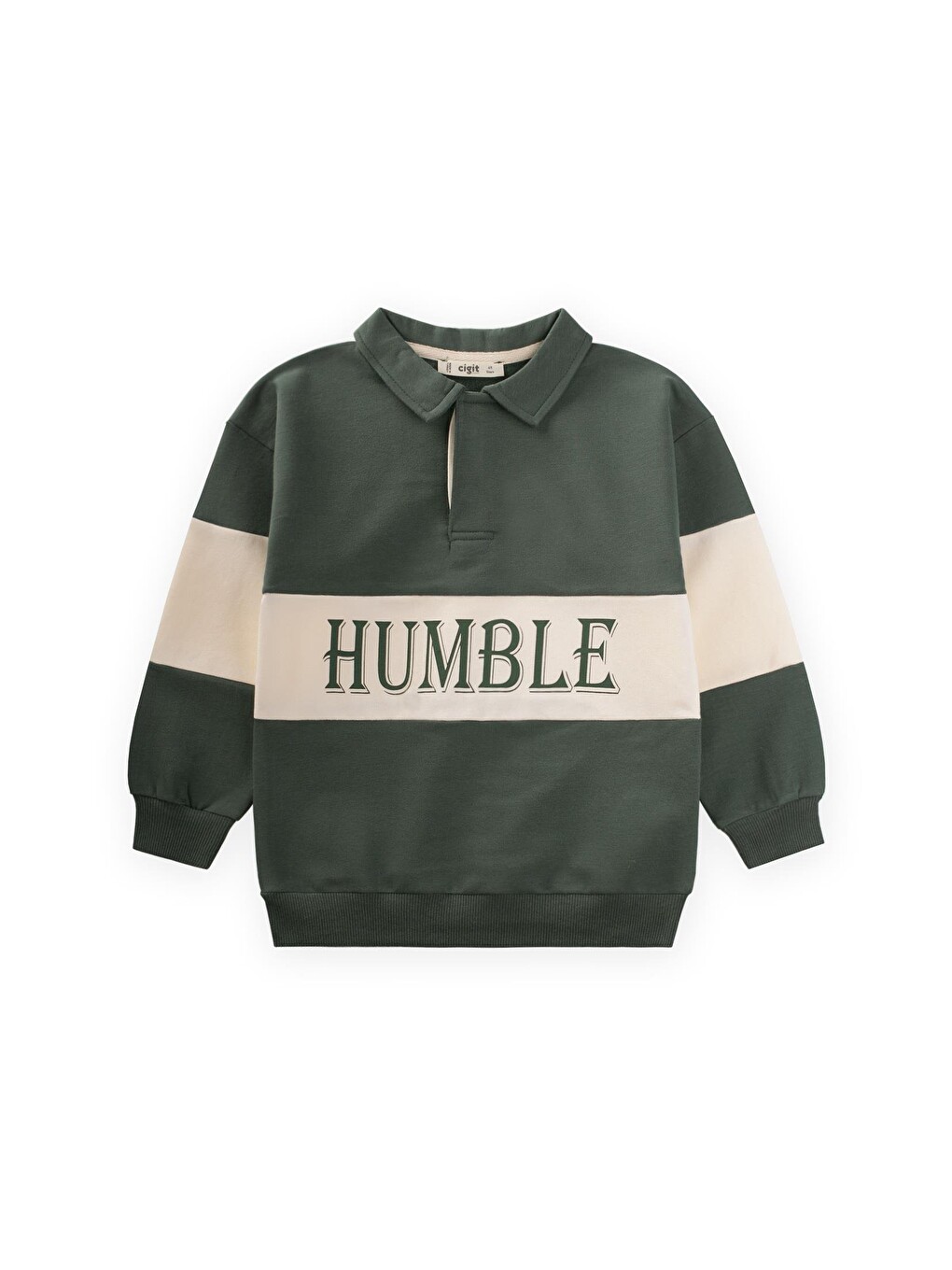 Polo Yaka Baskılı Sweatshirt 4-12 Yaş Haki Yeşil