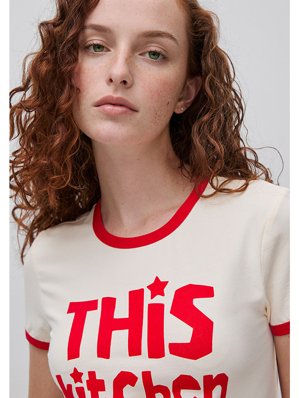 Ekru Kadın Krem Pamuk Karışımlı Önü Baskılı Bisiklet Yaka T-Shirt-3